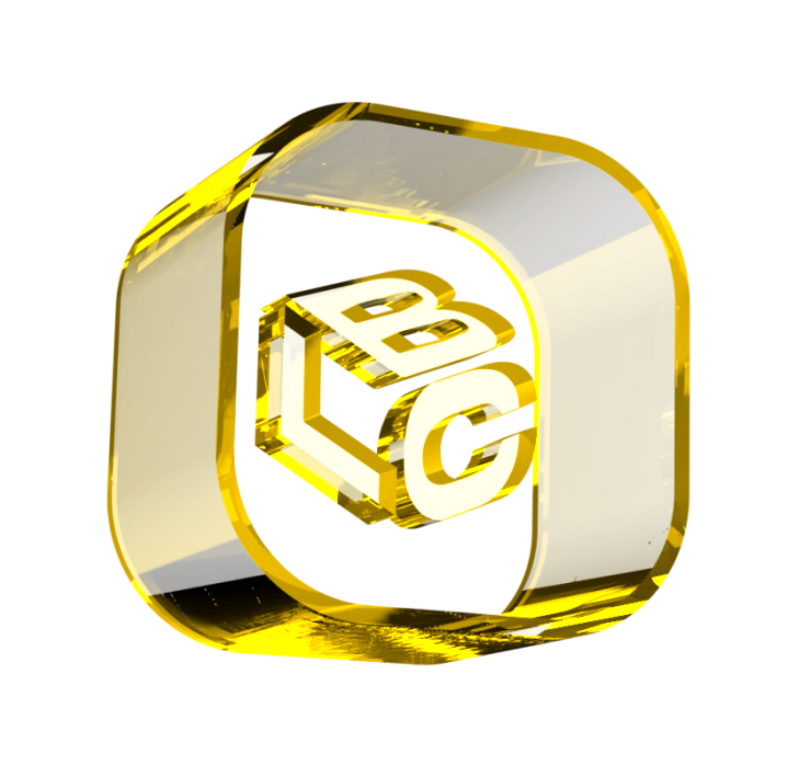 Logo 3D dourado com as letras B, L e C em destaque